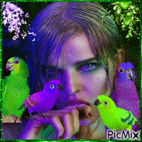 Face of woman with parrots - Purple and green tones