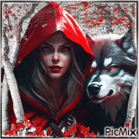 Face and wolf - Black, gray and red tones - GIF animé gratuit