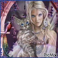 fantasy woman and cat - Gratis animerad GIF