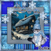 {{Cat and Cottage - Winter Edition}} GIF animé