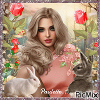 portrait de femme pastel et lapins Animated GIF