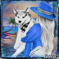 Una mujer con sombrero y su perro en tonos azules. GIF animé