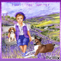 Have a Great Summer. Boy, dogs, lavender