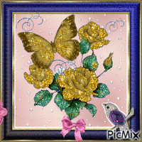 Rosa amarilla y mariposa - GIF animado gratis