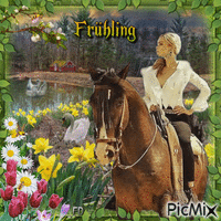 Frau mit Pferd im Frühling
