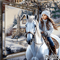 Fillette et son cheval GIF animé