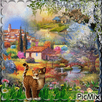 le chat rêve un beau paysage de printemps avec des papillon GIF animé