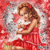 Little girl and white cat - Free animated GIF