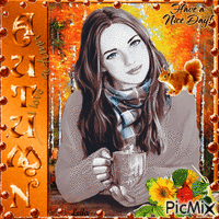 Autumn. Have a Nice Day. Woman drinking coffee