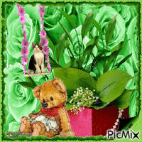 Bears- cats -green-flowers Gif Animado