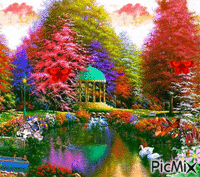 beautiful lake and flower garden eith orange trees, purple trees, blue trees, and green trees, the same colots of flowers, reflection in the lake, with orange clouds. animirani GIF