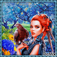Девушка с птицей geanimeerde GIF