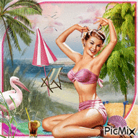 Vintages Pin-up-Girl, das am Strand sitzt