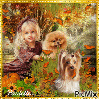 petite fille et ses chiens animowany gif