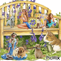 des femme sur un banc avec des chiens GIF animé