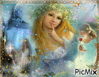 FOUR LARGE FAIRIES, AND FOUR LITTLE TINKERBELL FAIRIES, LOTS OF FAIRY DUST. AND FRAMED IN GOLD. animált GIF