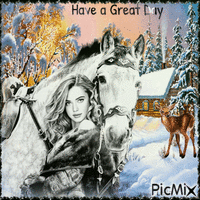 Have a Great Day. Winter, woman, horse - Animovaný GIF zadarmo