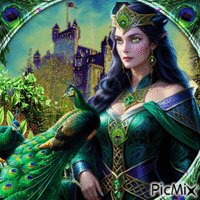 La dama y el pavo real - Tonos verdes GIF animado