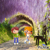 animated kids in a flowered path - GIF animé gratuit