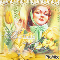 Spring woman vintage tulips yellow - Bezmaksas animēts GIF