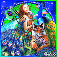 Lady peacock with two fantasy animals in bright colors
