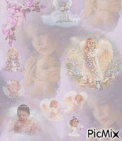 THREE OLDER ANGELS AND ABOUT 8 BABY ANGELS WITH LIGHT FLASHING ON THEM. GIF แบบเคลื่อนไหว