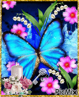 Butterfly and flowers. анимированный гифка