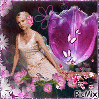 mujer  con  flores  rosadas animeret GIF
