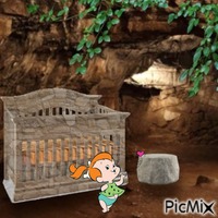 Pebbles blowing kiss in cave nursery Animated GIF