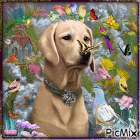 Spring with a dog and a bird - Kostenlose animierte GIFs