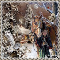 Winterabend mit dem Pferd アニメーションGIF