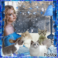 femme et ses chats en hiver animovaný GIF