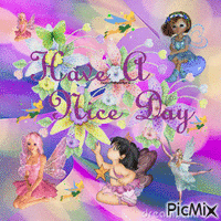 CUTE FARIES PLAYING SOME SMALL SOME HARGE, LOTS OF GLITTER, FLOWERS AND  HAVE A NICE DAY. GIF animado