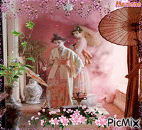 Portrait Geisha Women Colors Spring Flowers Plants Deco Glitter Pink Fashion Glamour анимированный гифка