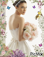 des papillons .. des fleurs et une jolie mariée - GIF animé gratuit