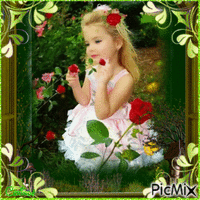 le jardin fleuri et la petite fille - Gratis animerad GIF