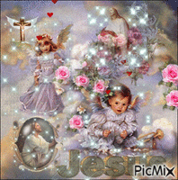 PINK ROSES, LITTLE ANGELS, RED HEARTS, 2 PICTURES OF JESUS, A HEART WITH WINGS, SPQRKLES ON JESUS AND THE ANGELS AND THE WORD JESUS. - GIF animado grátis