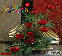 Portrait Red Flowers Happy Birthday Glitter - Free animated GIF