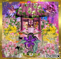 PRETTY WELL AMONG PURPLE FLOWERS, YELLOW FLOWERS, AND PINK FLOWERS, AND SOME BIRDS, AND SOME BUTTERFLIES, AND A FEW GOLD SPARKLES. - Free animated GIF