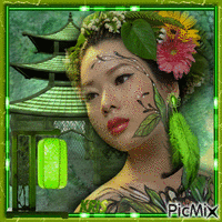 Portrait de fille orientale - Cadre vert