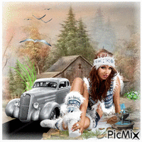 Woman and her car animuotas GIF