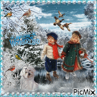 Winter mit 2 Kindern, Vögeln, Hund und Text