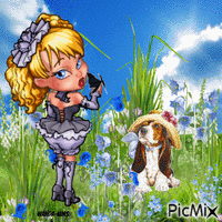Girl-dogs-flowers animált GIF