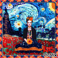 Frida Kahlo sur fond de ciel étoilé de Van Gogh GIF animata