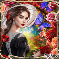 Mujer bella entre rosas animuotas GIF