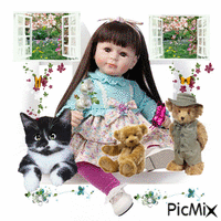 cute dolly with her toys and flowers. - 免费动画 GIF