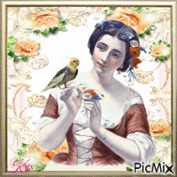 Femme avec un oiseau - Vintage