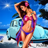 Summer lady and Volkswagen beetle animált GIF