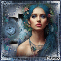 Femme en bleu avec une rose bleue - GIF animado grátis