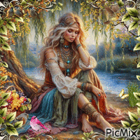 Mujer hippie pensativa junto al río animeret GIF